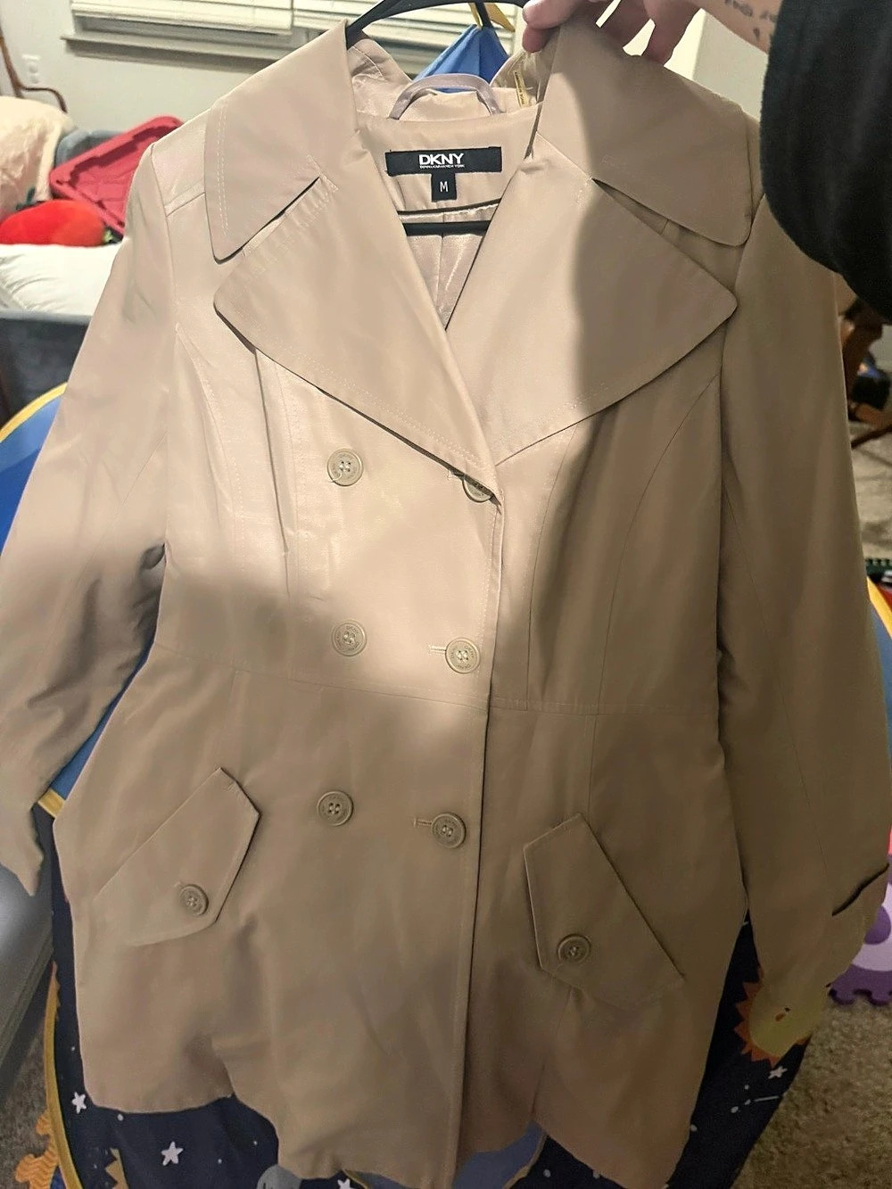 DKNY Double-Breasted Trench Coat in Beige Size Medium